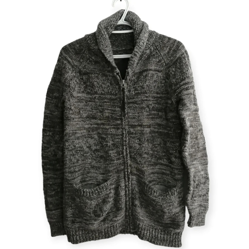 Aritzia Tna Lambswool Full Zip Cowichan Chunky Knit Sweater Gray Size Xxs
